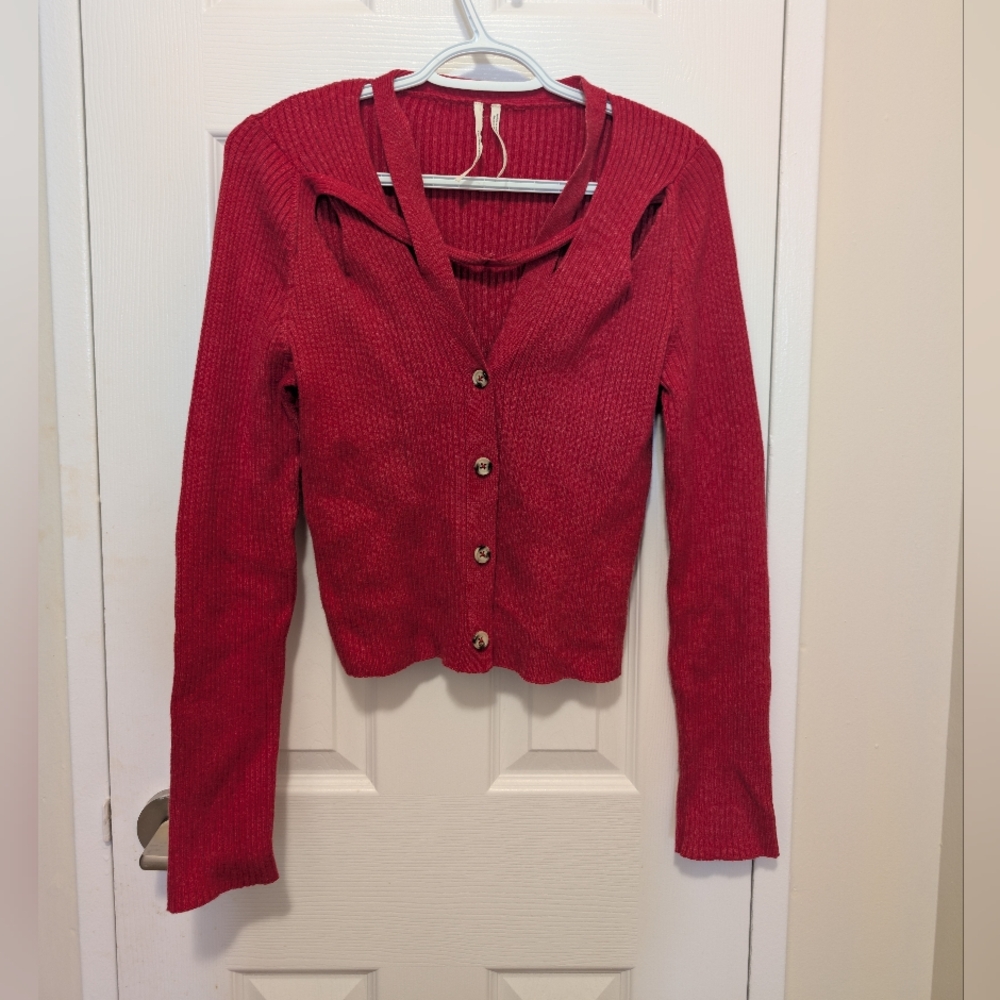 Anthropologie Red Button-Up Knit Cardigan S Bohemian Retro 90s Hippie Heart